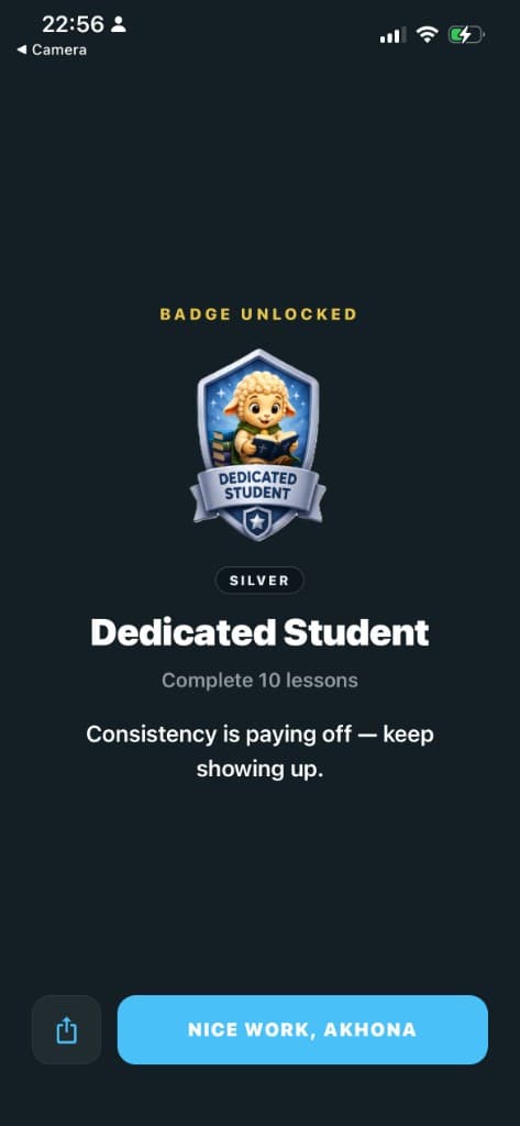 BibleMigo Dedicated Student badge unlocked after completing 10 lessons