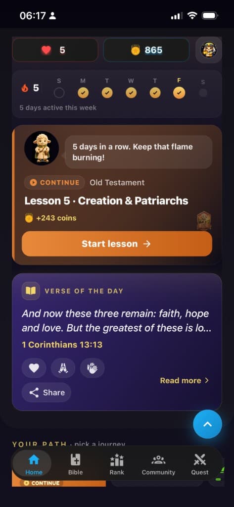 BibleMigo home screen showing daily streaks, lessons, and verse of the day